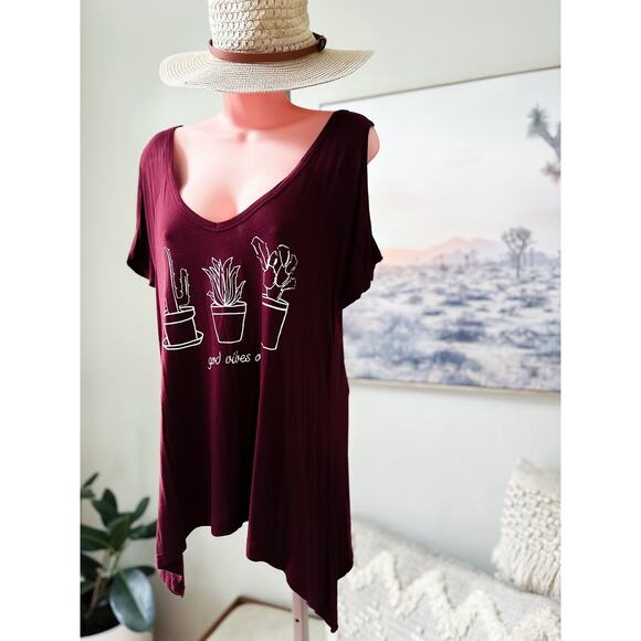 NWOT Cold Shoulder Cactus Boho Vibes Flowy Tunic L - Picture 2 of 4